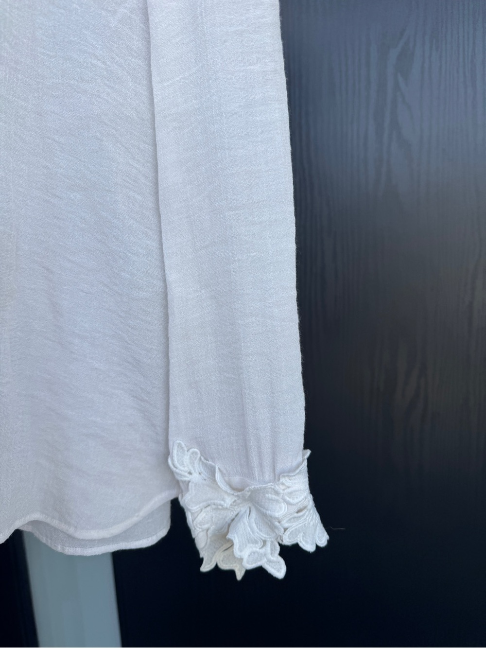 Maje White Lace-Collar Button Down Blouse with Black Tie - Picture 6 of 7